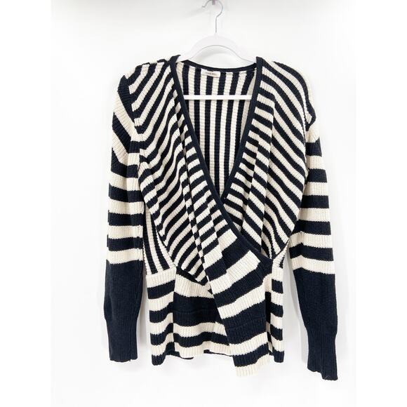 Tome Black White Striped Merino Wool Long Sleeve Crossover Wrap Sweater Size 16 - Picture 3 of 7